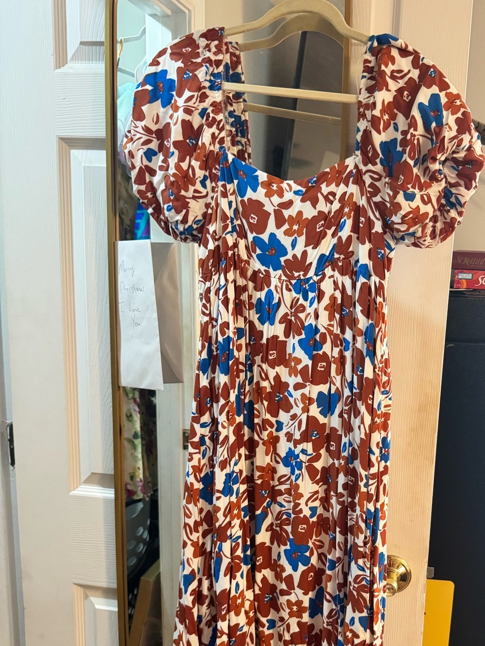 Maxi Floral Puff Sleeve Dress in Brown & Blue